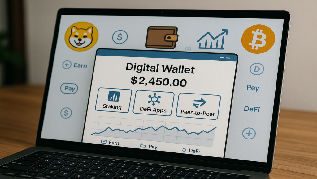 Digitalni novčanik prikazuje staking, DeFi in plačila z Bonk, na ekranu prenosnika. 