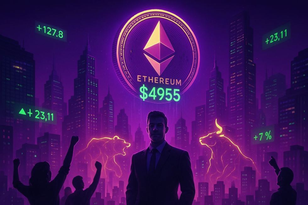 Ethereum แตะ 4,955 ดอลลาร์ เมืองไซเบอร์พังค์เรืองแสง ผู้คนฉลองท่ามกลางกราฟคริปโต