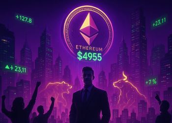 Ethereum แตะ 4,955 ดอลลาร์ เมืองไซเบอร์พังค์เรืองแสง ผู้คนฉลองท่ามกลางกราฟคริปโต