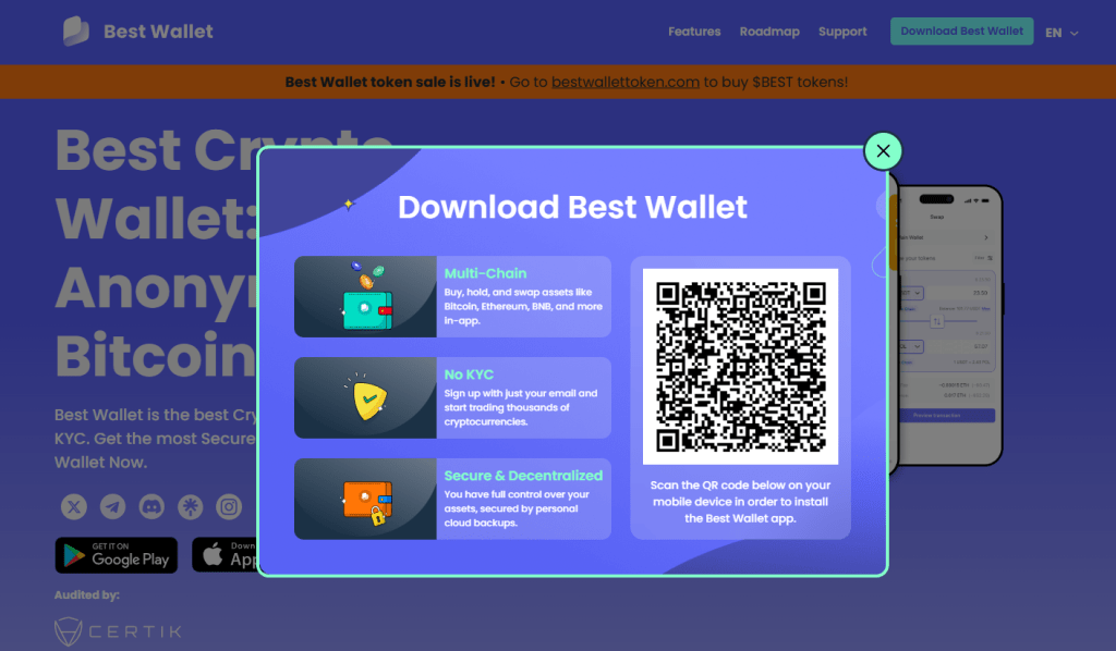 1 žingsnis: Įdiekite Best Wallet ir užsiregistruokite pasirinktoje platformoje