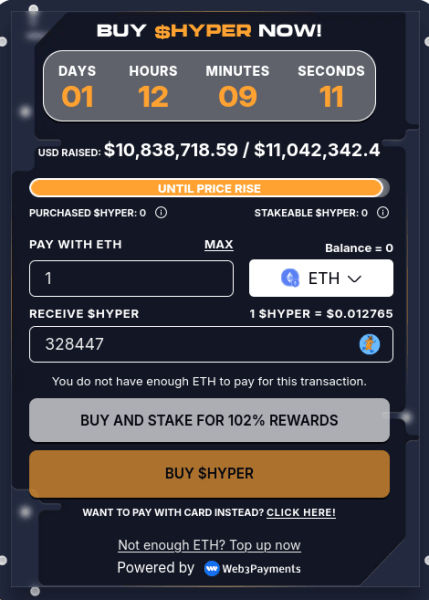 Presale purchase setup with payment options and $HYPER conversion rate.