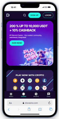 mobile screenshot of the Discasino home page showing the welcome bonus and available crypto options