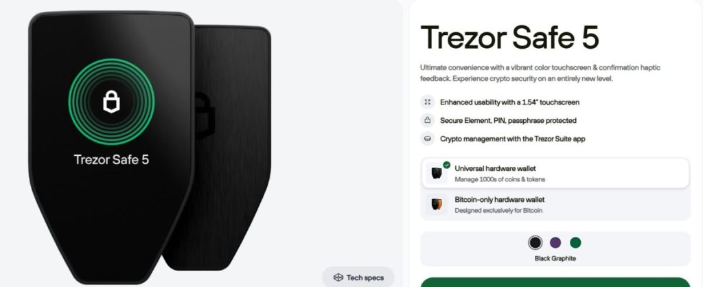 6. Trezor Safe 5 – Prémiová česká hardwarová DeFi wallet s maximální ochranou privátních klíčů