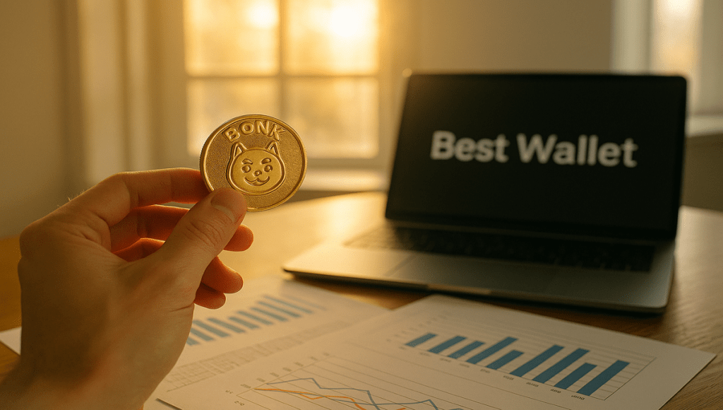 Roka drži žeton Bonk nad investicijskimi grafi, ob strani je odprta aplikacija Best Wallet.