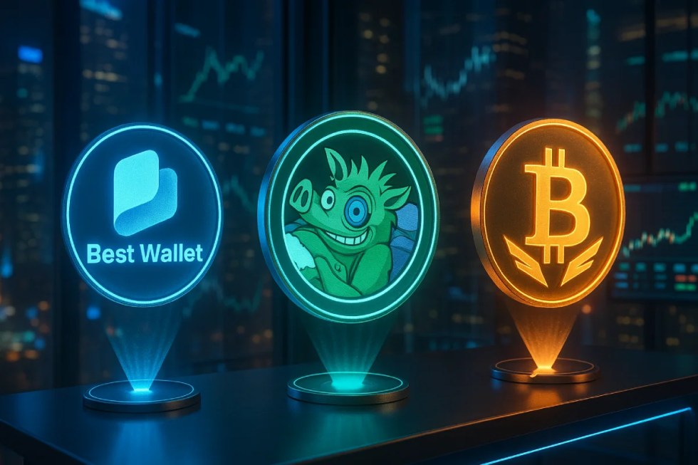 Best Wallet, Snorter, and Bitcoin Hyper logos displayed as holographic crypto coins in a futuristic trading hub
