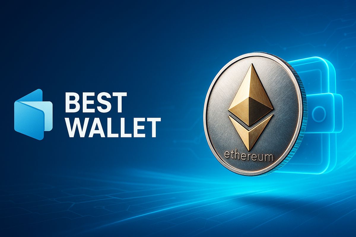 โลโก้ Best Wallet พร้อมเหรียญ Ethereum และกระเป๋าคริปโตพื้นหลังฟิวเจอร์ริส