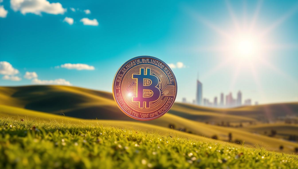 Simbol Bitcoina na zelenom polju s gradom u daljini pod plavim nebom