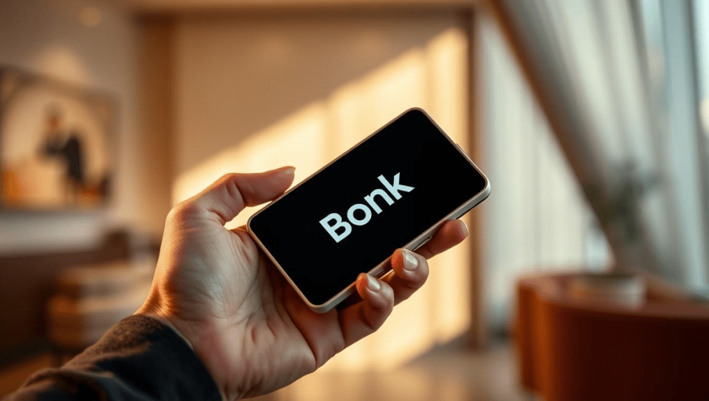 Ruka koja drži telefon z napisanom riječi "Bonk" na ekranu, u modernom interijeru