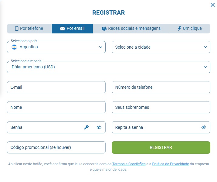 Formulário de cadastro da 1xBet pode ser preenchido em poucos minutos