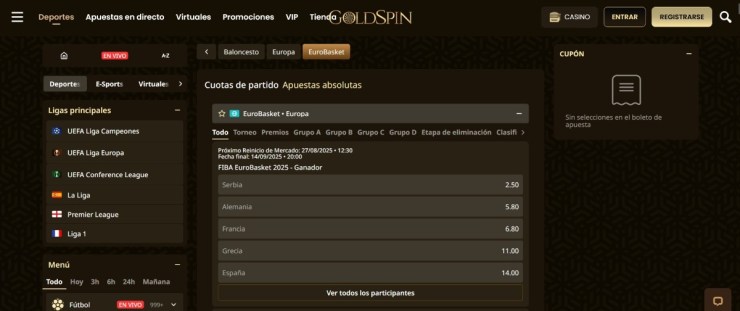 Goldspin te permite hacer apuestas en el Eruobasket 2025 con un bono de bienvenida