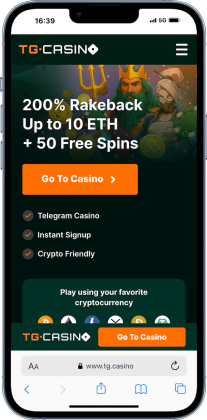 mobile screenshot of the home page of TG.Casino showing the welcome bonus and some of the gambling site's main features