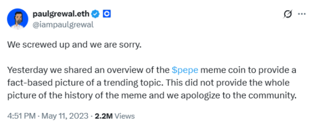Coinbase apologizes for Pepe Coin alt-right accusations.