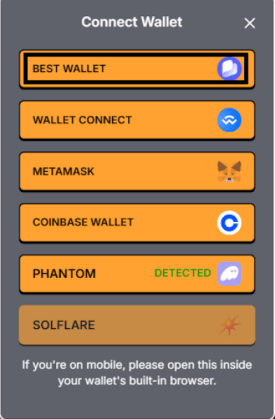 Wallet connect pop-up in $HYPER presale widget.