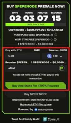 คลิก ‘Buy $PEPENODE’ หรือ ‘Buy and Stake’ เพื่อเริ่ม staking โทเค็นของคุณทันที