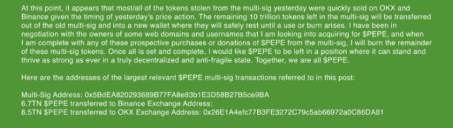 Letter from Pepe Token about team member theft.
