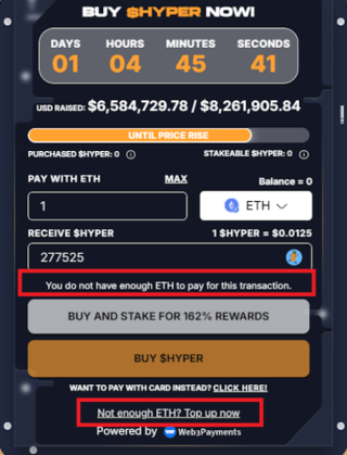 $HYPER presale widget showing a live transaction