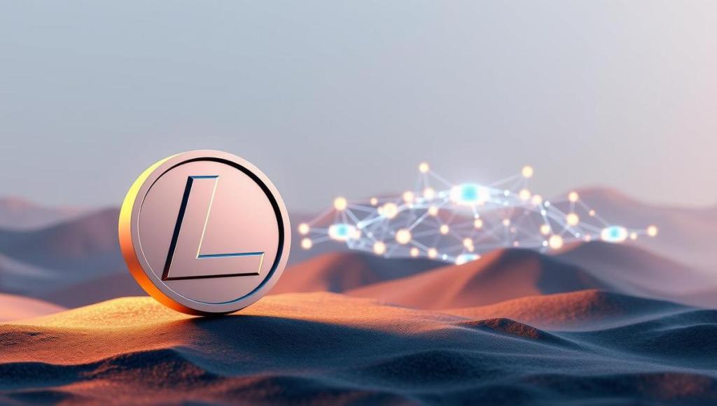 Litecoin nasıl alınır – səhrada 3D Litecoin loqosu və blockchain şəbəkəsi