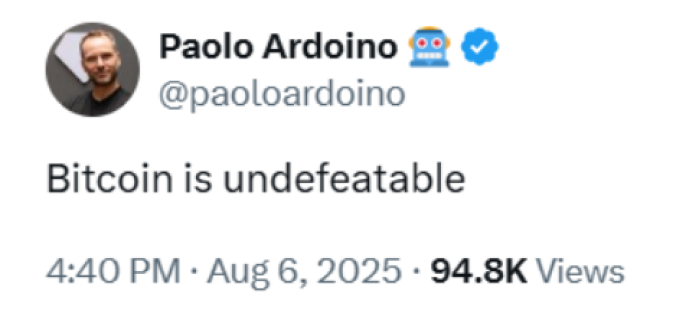 Tether CEO tweeted that ‘Bitcoin is undefeatable.’ 