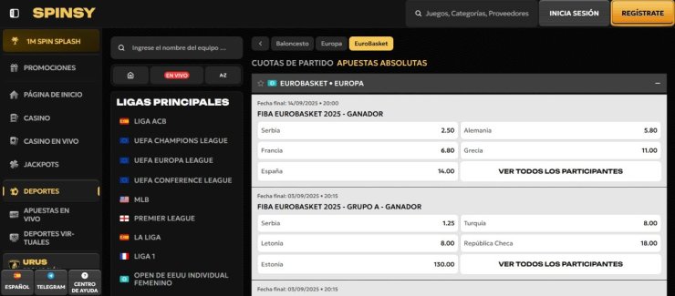 Spinsy es la opción nº1 para hacer apuestas del Eurobasket en España