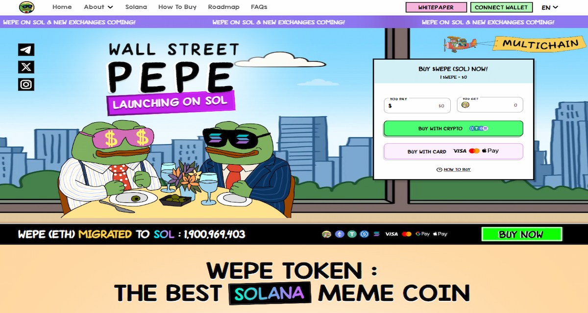 WEPE (Wall Street Pepe) nổi bật bởi sự kết hợp độc đáo giữa biểu tượng meme Pepe và hình ảnh Wall Street, mang lại một màu sắc khác biệt trong thị trường meme-coin.