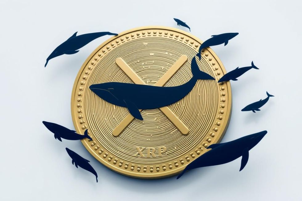 เหรียญ XRP ขนาดใหญ่พร้อมเงาวาฬที่กำลังว่ายอยู่รอบๆ สะท้อนถึงกิจกรรมของวาฬในตลาด XRP