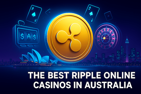Featured image for an article about the best ripple casinos in Australia, showing a Ripple crypto token, a roulette, wheel, the Sydney opera house, and playing cards.