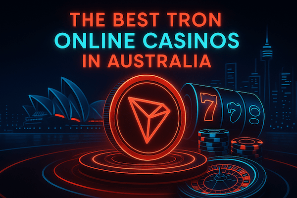 This is a feature image for an article about the best Tron casinos in Australia, showing notable Australian monuments and gambling imagery.