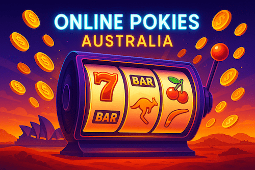 A featured image for an article about the best online pokies in Australia. The image shows a slot machine, falling gold coins, and the Sydney Opera House in the background.