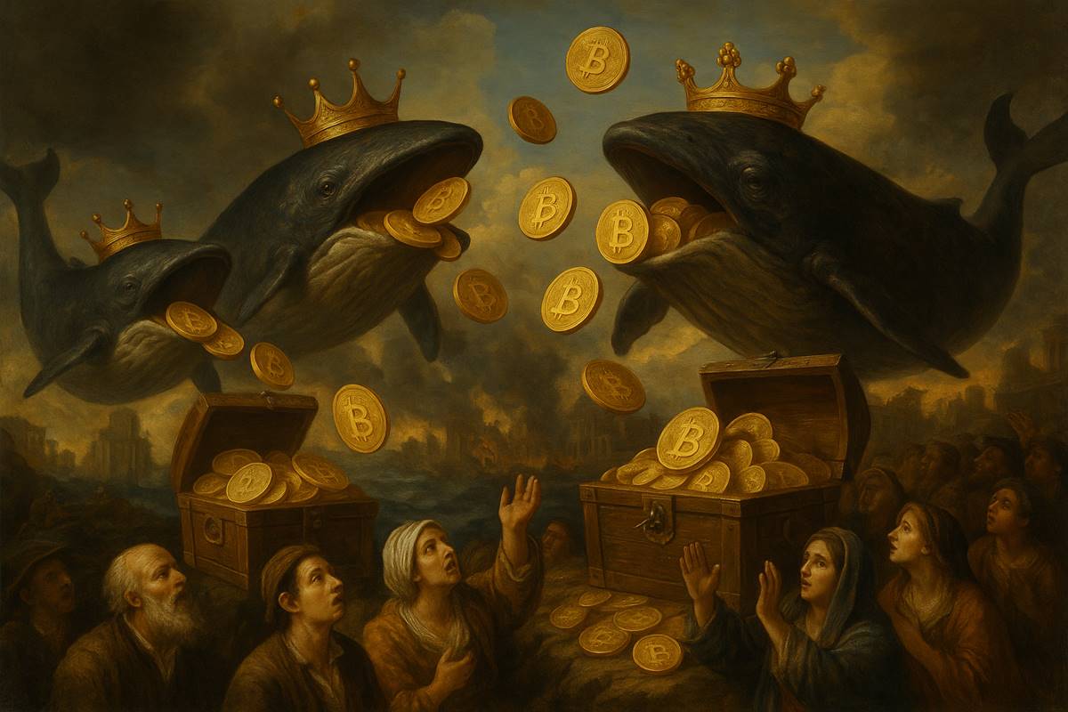 วาฬสวมมงกุฎเท Bitcoin ลงหีบสมบัติ สไตล์เรอเนซองส์