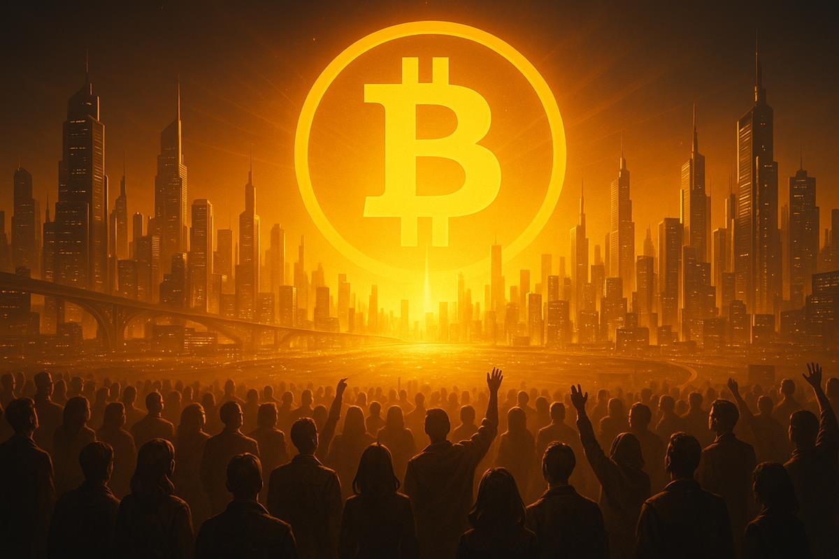เมืองอนาคตเรืองแสงทองพร้อมสัญลักษณ์ Bitcoin ยักษ์บนขอบฟ้า