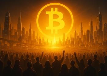 เมืองอนาคตเรืองแสงทองพร้อมสัญลักษณ์ Bitcoin ยักษ์บนขอบฟ้า