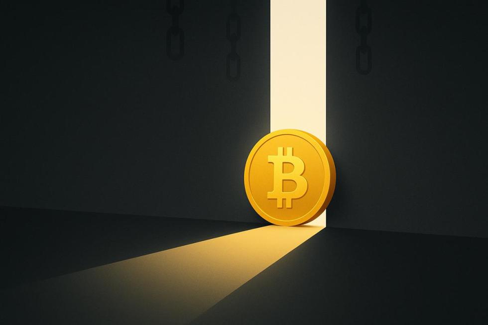 Bitcoin สีทองทะยานผ่านช่องแสง สัญลักษณ์แรงกดดันขาย