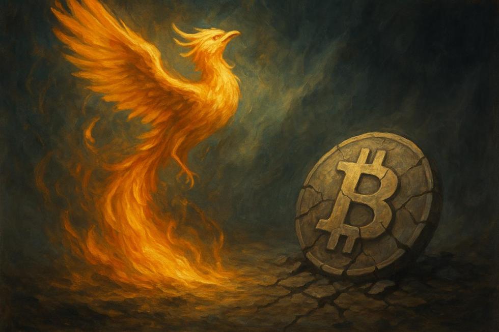 ฟีนิกซ์ทองลุกเป็นไฟทะยานขึ้น ขณะที่สัญลักษณ์ Bitcoin แตกสลายบนพื้นดิน