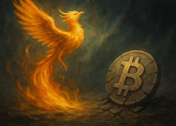 ฟีนิกซ์ทองลุกเป็นไฟทะยานขึ้น ขณะที่สัญลักษณ์ Bitcoin แตกสลายบนพื้นดิน