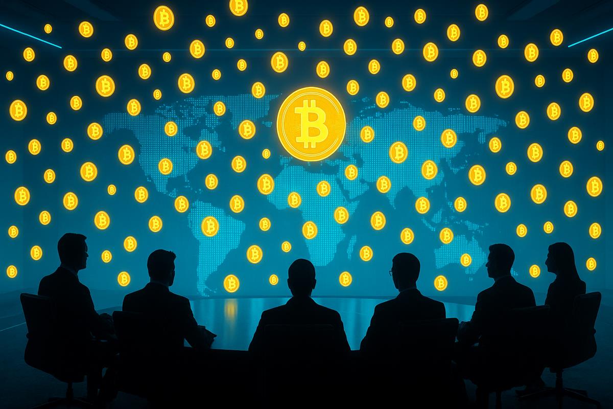 ประชุมผู้บริหารกับเหรียญ Bitcoin ลอยเหนือแผนที่โลก