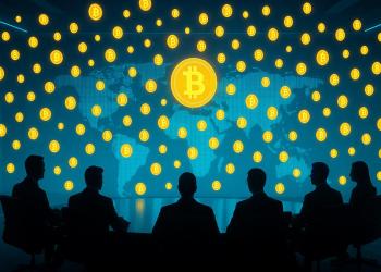 ประชุมผู้บริหารกับเหรียญ Bitcoin ลอยเหนือแผนที่โลก