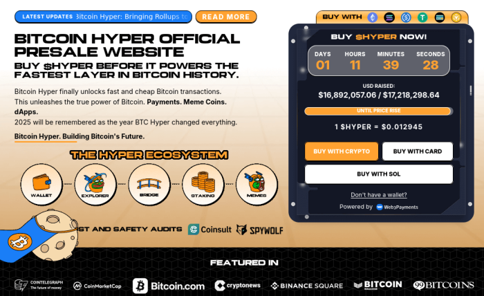 Bitcoin Hyper’s landing page showcasing a live presale timer, audits, and the latest updates.