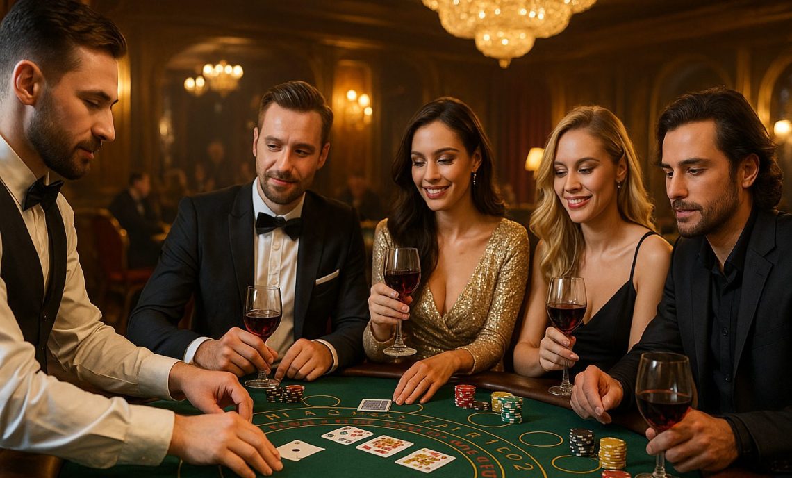 カジノで、男女数名がワインを片手にブラックジャックを楽しんでいる様子｜ブラックジャック必勝法のホーム画像