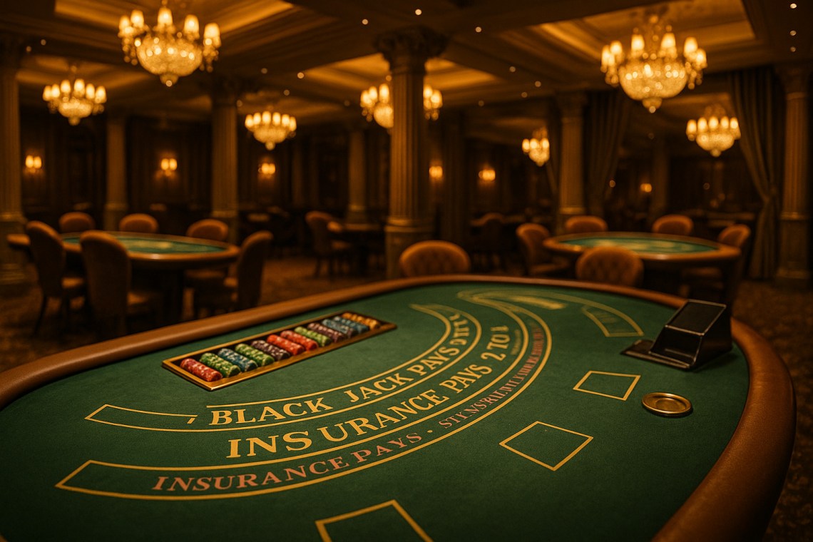 ブラックジャックテーブルが3台並ぶカジノシーン|ブラックジャック基本戦略解説のトップ画像