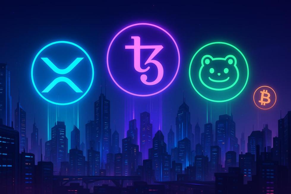 เมืองอนาคตโชว์โลโก้ XRP Tezos และ Altcoin แซง Bitcoin ร่วง