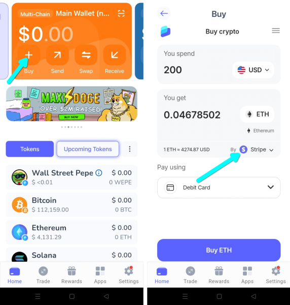 How to buy crypto like $ETH using a crypto wallet.