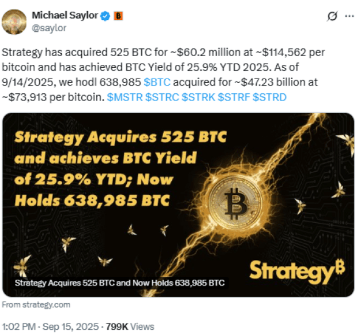  Michael Saylor announced Strategy BTC buys on X.
