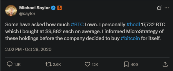 Michael Saylor’s 2020 post disclosing his $BTC holdings