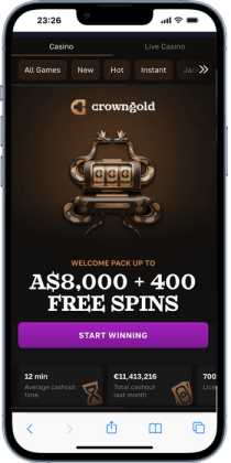 The Crowngold casino homepage on mobile.