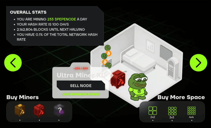 PepeNode game preview with node types and hashrate stats.