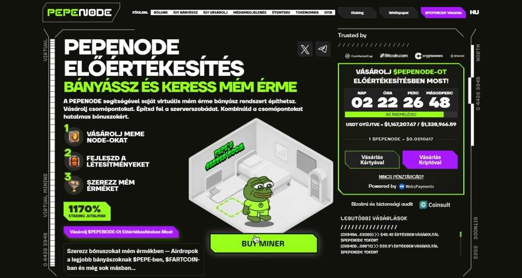 3. Pepenode ($PEPENODE) – „Mine-to-earn” gamifikált csomópontokkal és hálózati aktivitás jutalmazásával