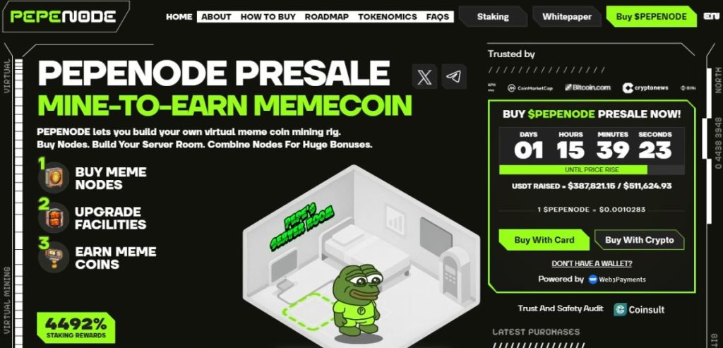 3. Pepenode ($PEPENODE) – Meme coin z koncepcją „Mine-to-Earn” i potencjałem 100x wzrostu