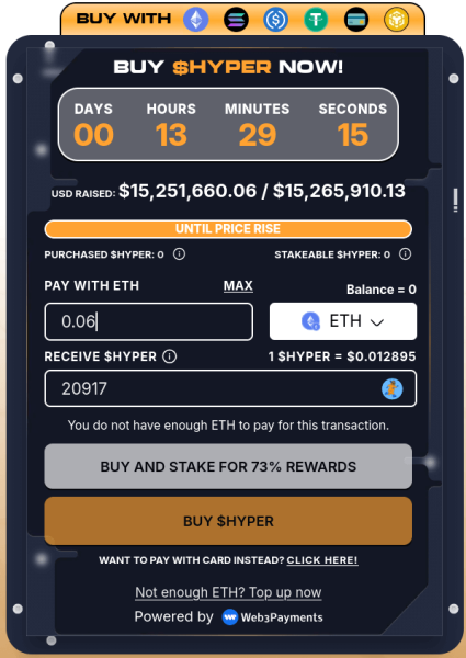 Purchasing Bitcoin Hyper using Ethereum.