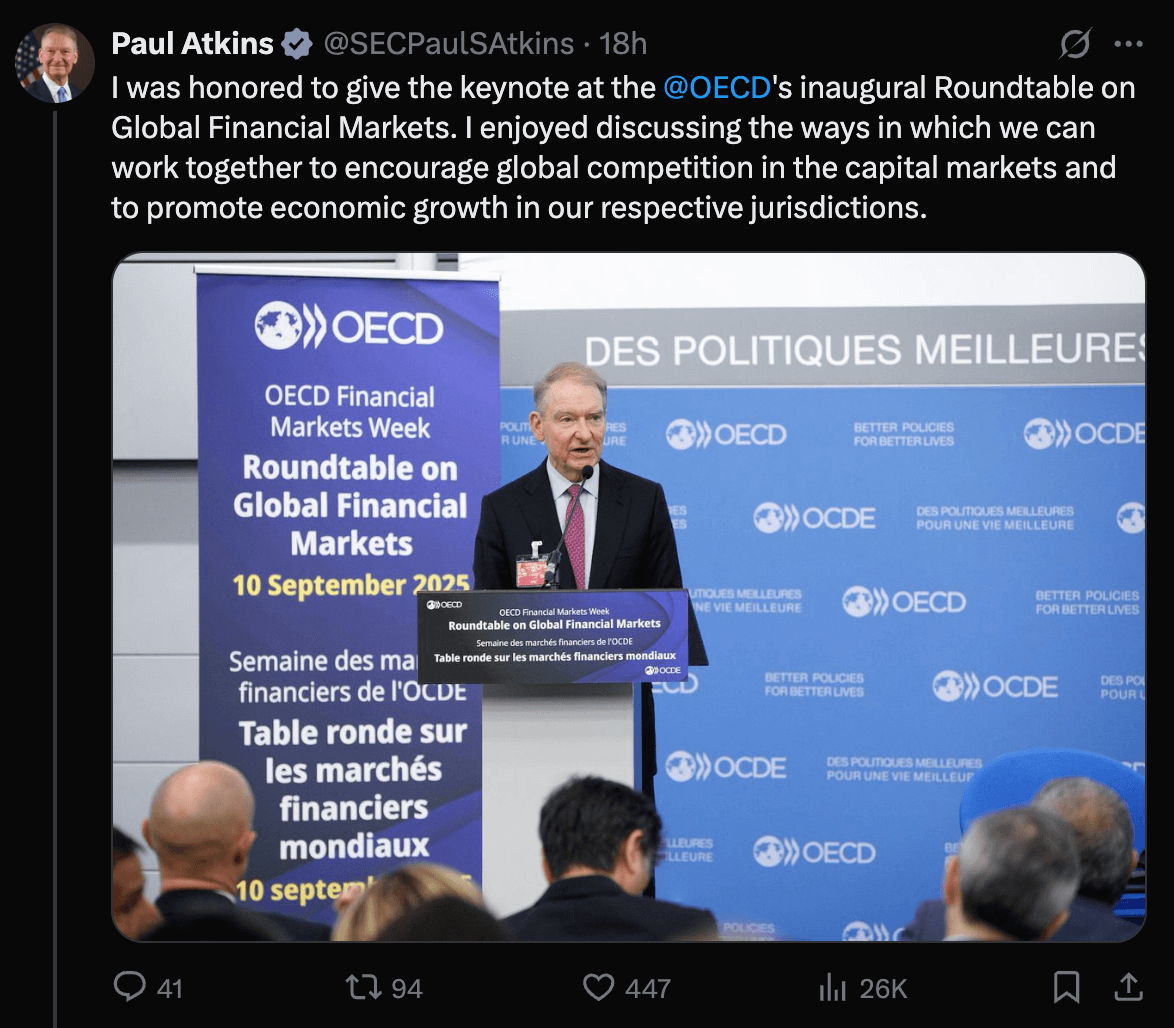 Der SEC -Vorsitzende Paul Atkins gibt Keynote beim OECD -Roundtable.