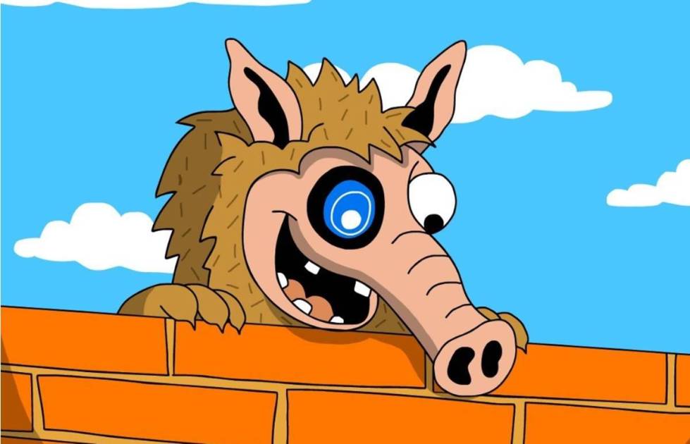 ตัวละครสัตว์ Snorter หน้าตลกโผล่พ้นกำแพงอิฐ